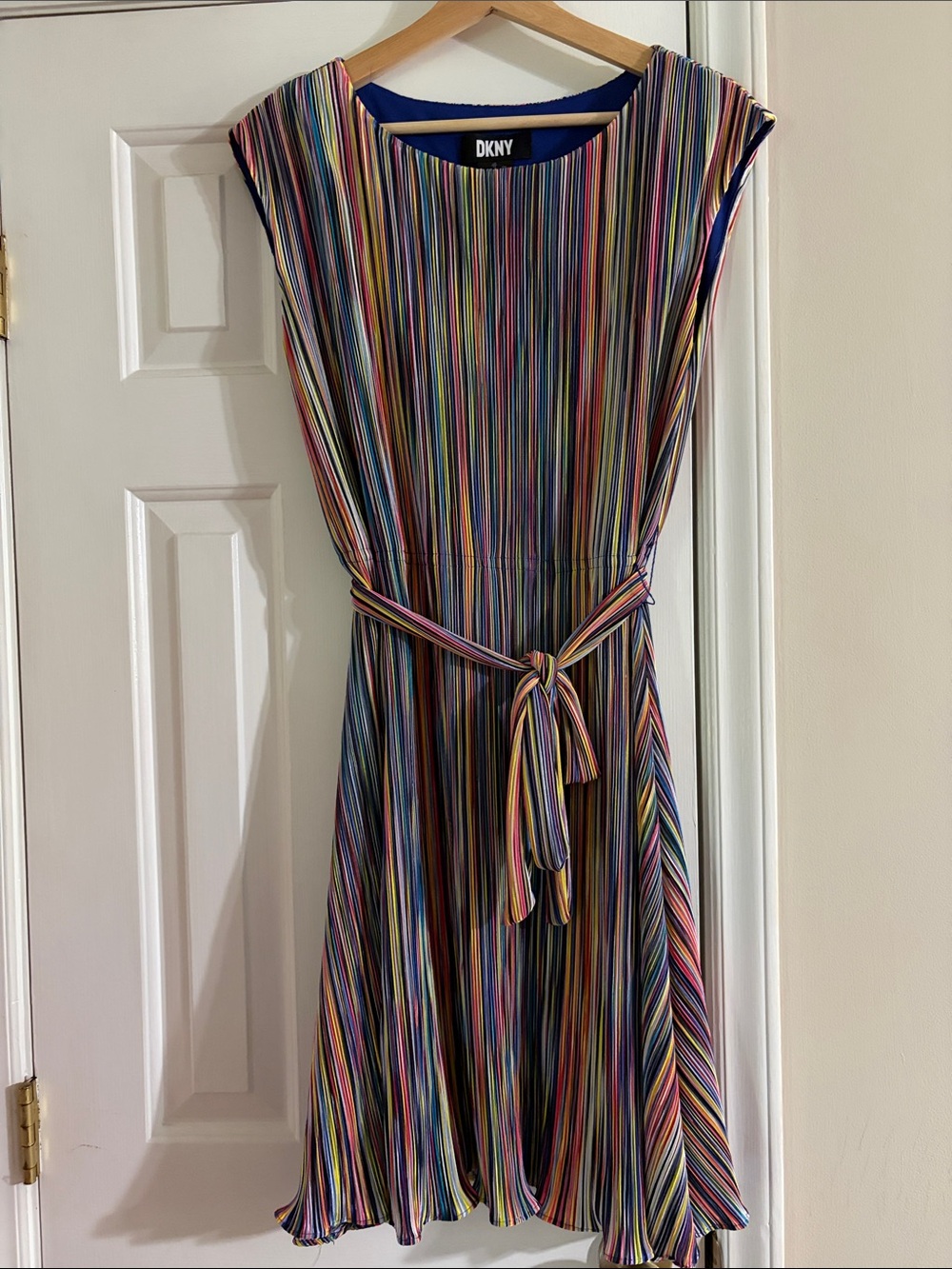 DKNY Multicolor Vertical Stripe Tie-Waist Dress